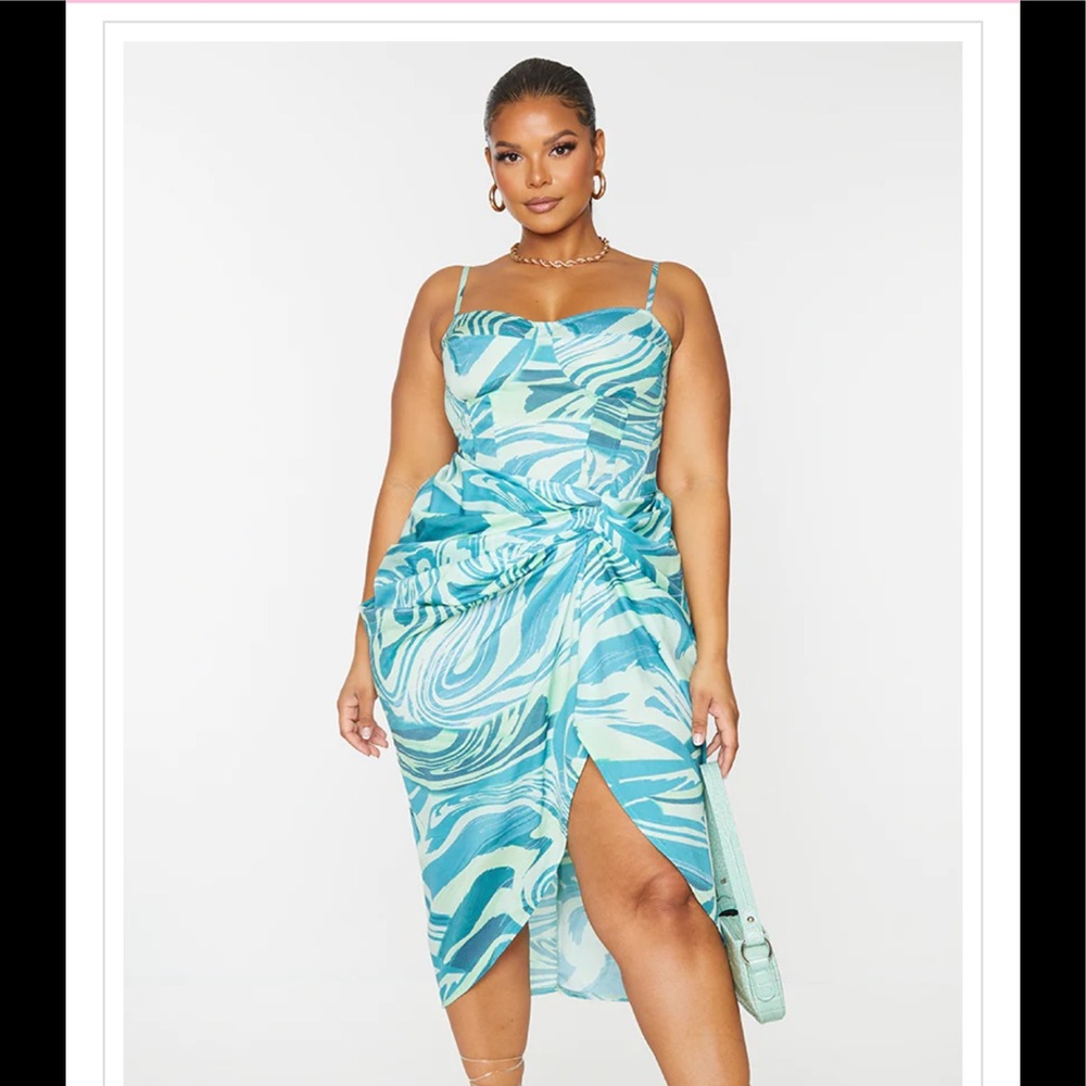 Plus Blue Abstract Print Ruched Midi Skirt